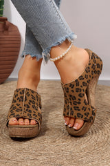Chestnut Leopard Faux Suede Studded Cutout Wedge Slippers