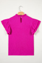 Rose Red Solid Color Textured Ruffle Trim Short Sleeve Blouse