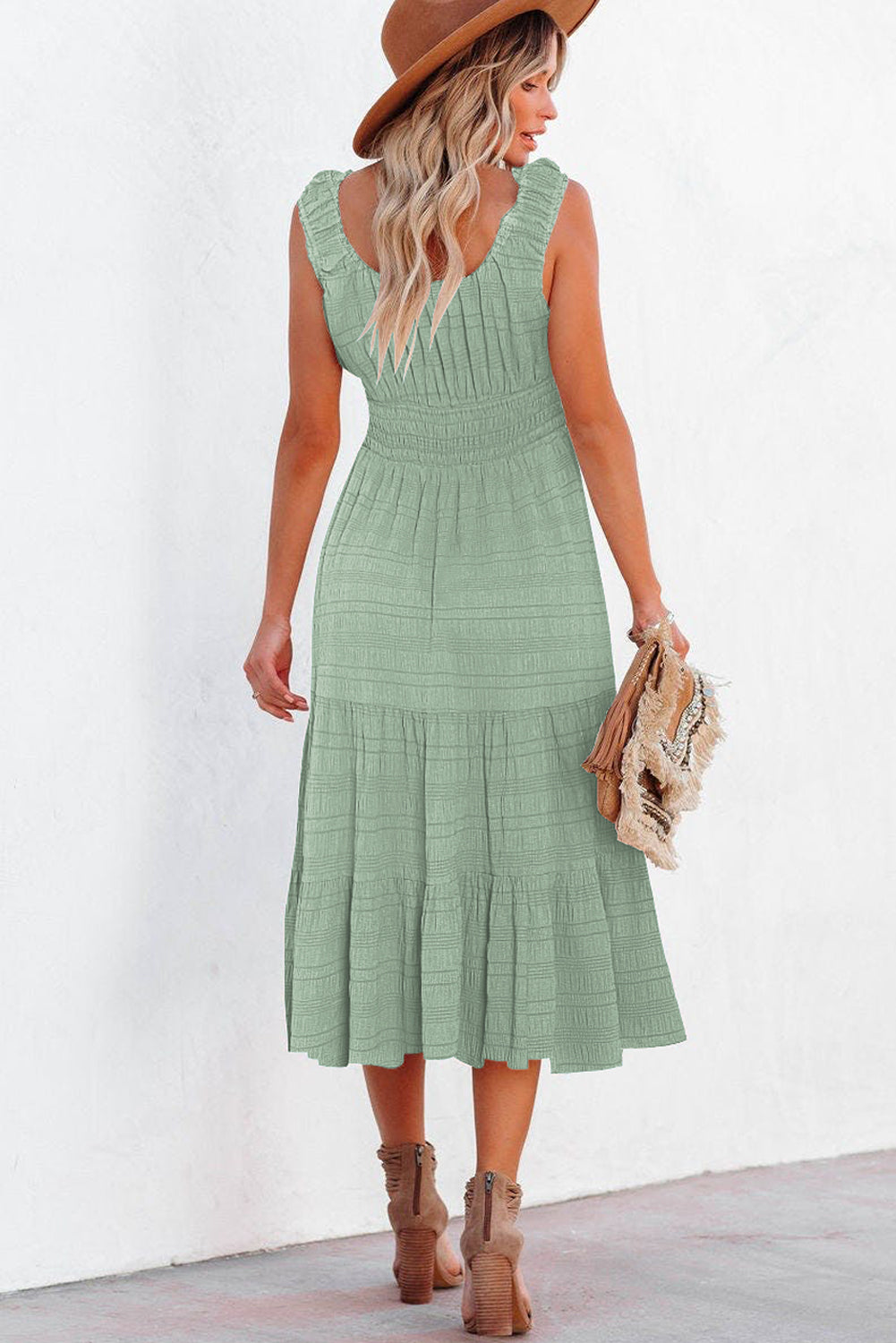 Rose Shirred Pleated Square Neck Sleeveless Midi Dress