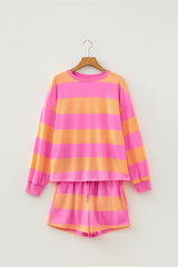 Pink Stripe Long Sleeve Casual Top Drawstring Shorts 2pcs Set