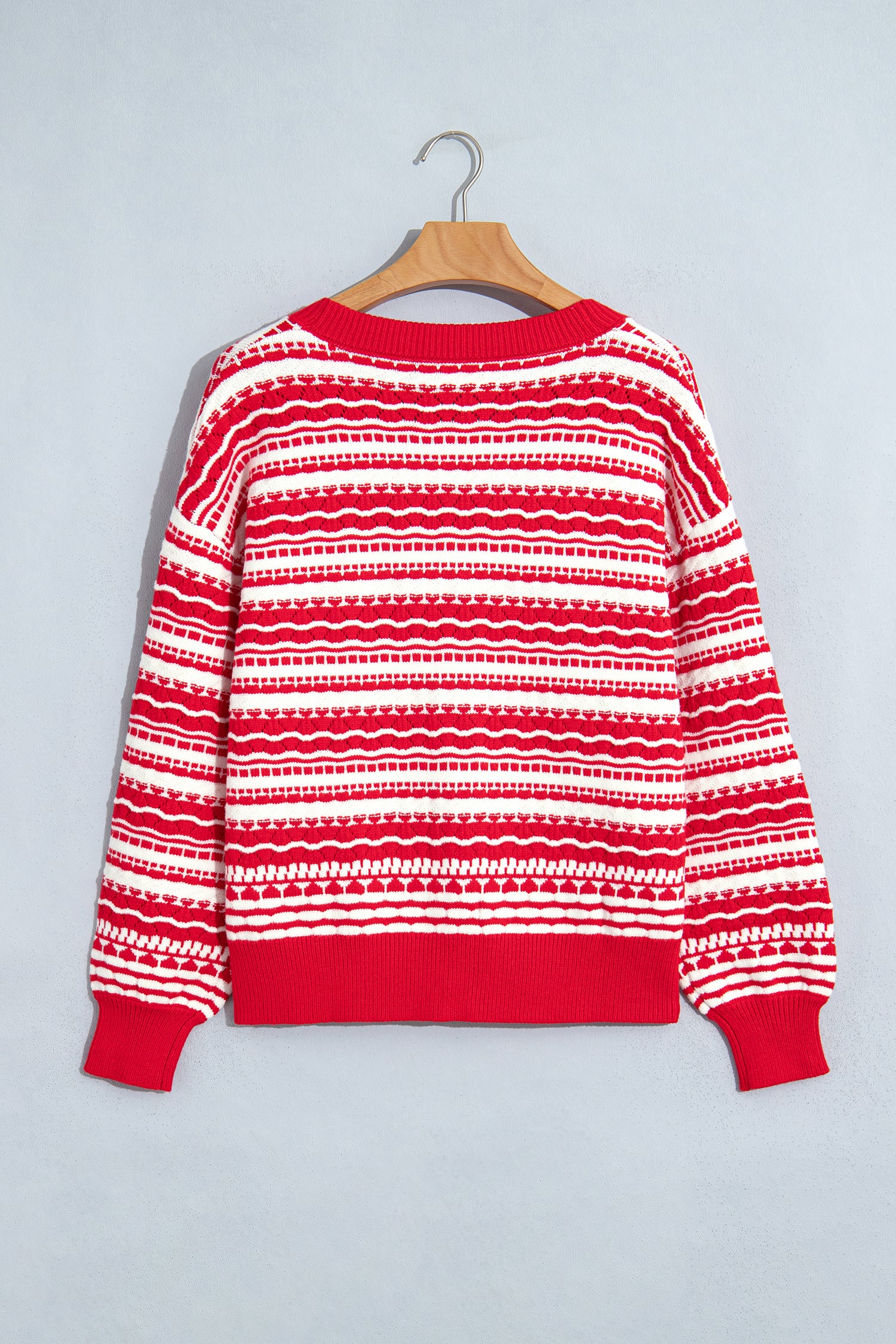 Red Geometric Striped Pattern V Neck Button Front Casual Knit Cardigan