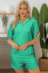 Sky Blue Rainbow Colorblock Collared Short Sleeve Top 2 Piece Shorts Set