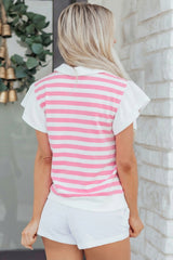 Pink Stripe Collar V Neck Ruffled Short Sleeve Blouse