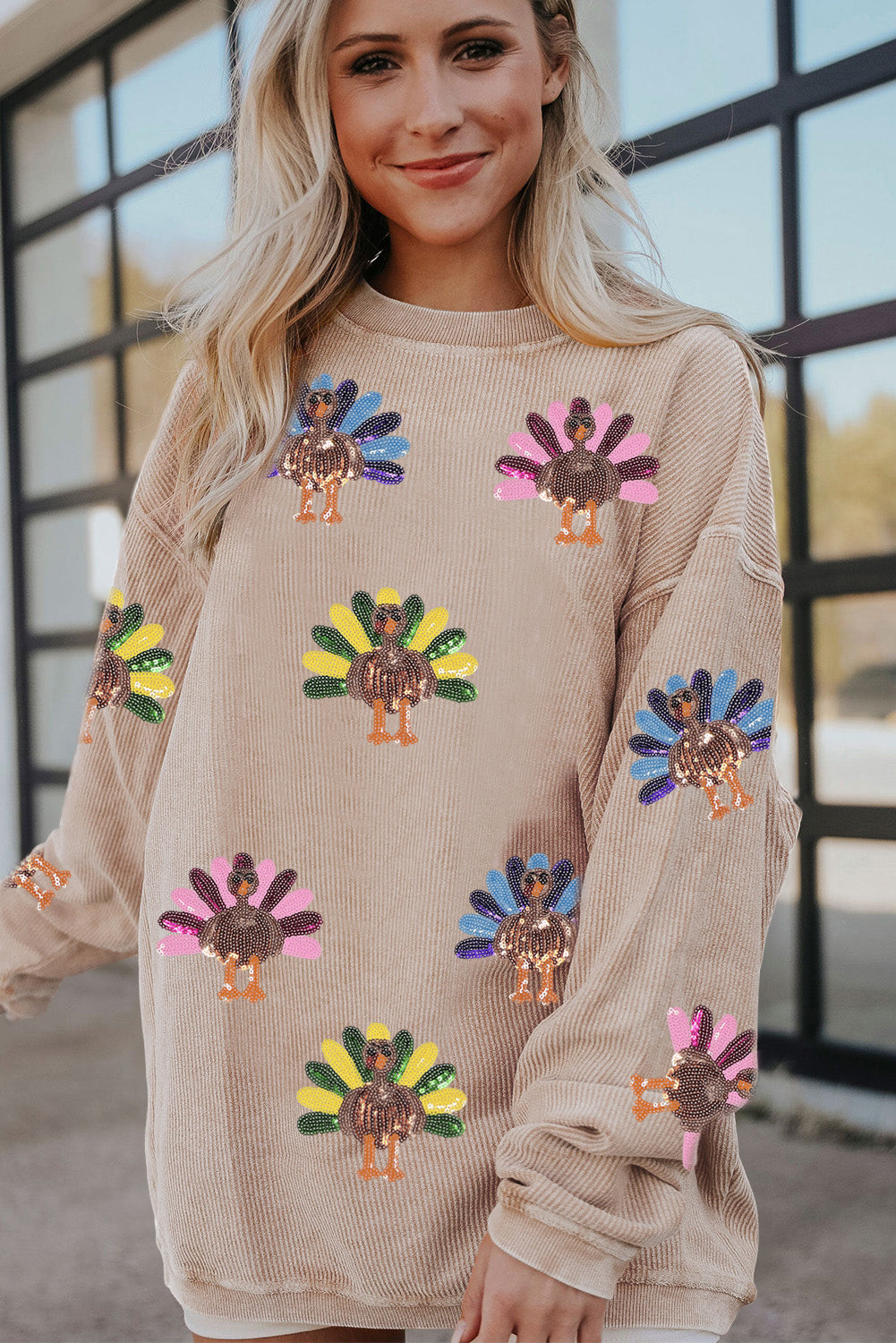 Smoke Gray Turkey Graphic Corded Baggy Sweatshirt
