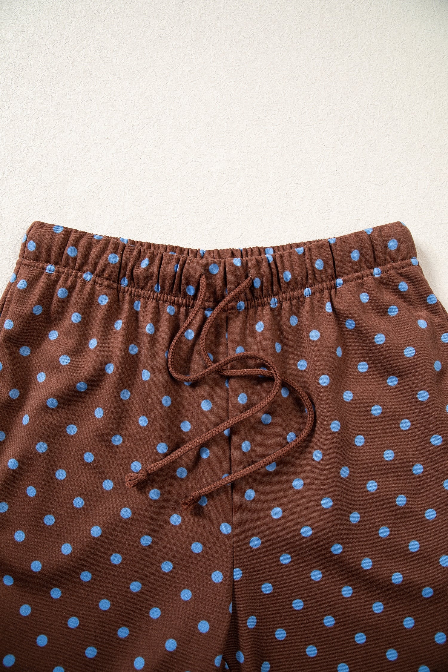 Brown Polka Dot Drawstring Wide Leg Long Sleeve Top Pant Set