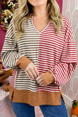 Red Striped Colorblock V Neck Long Sleeve Top