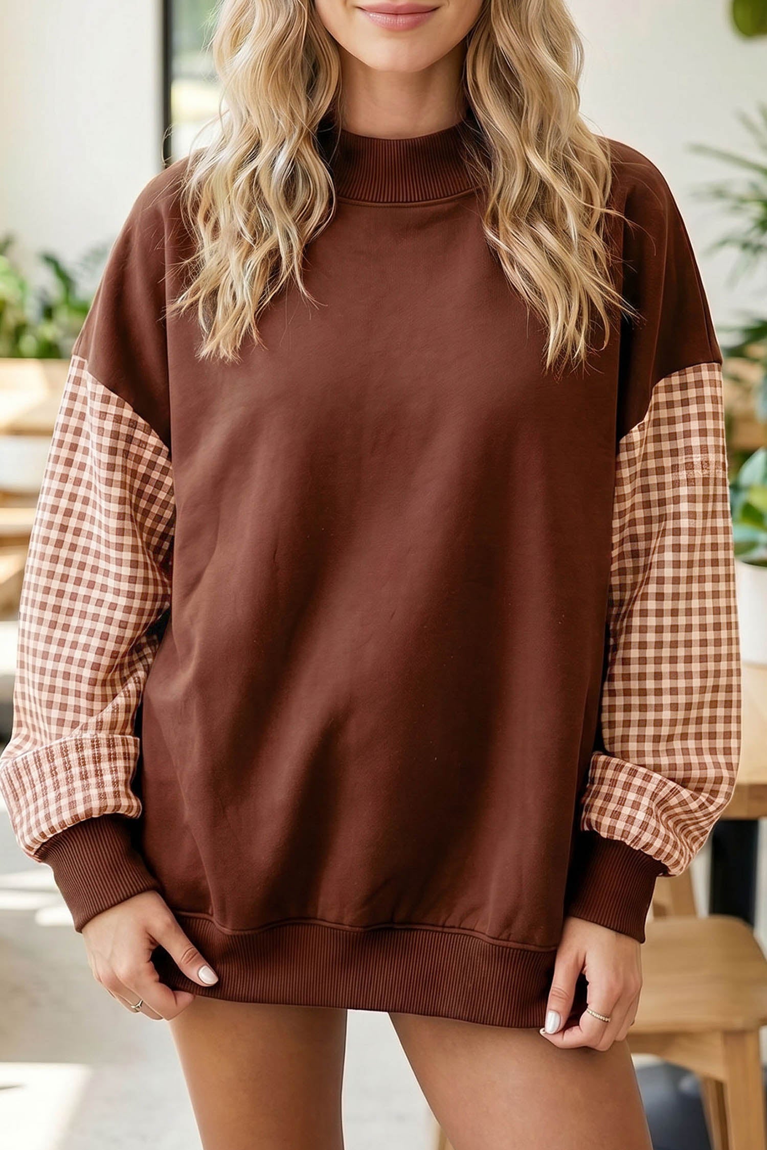 Evergreen Plaid Sleeve Colorblock Loose Tunic Sweatshirt