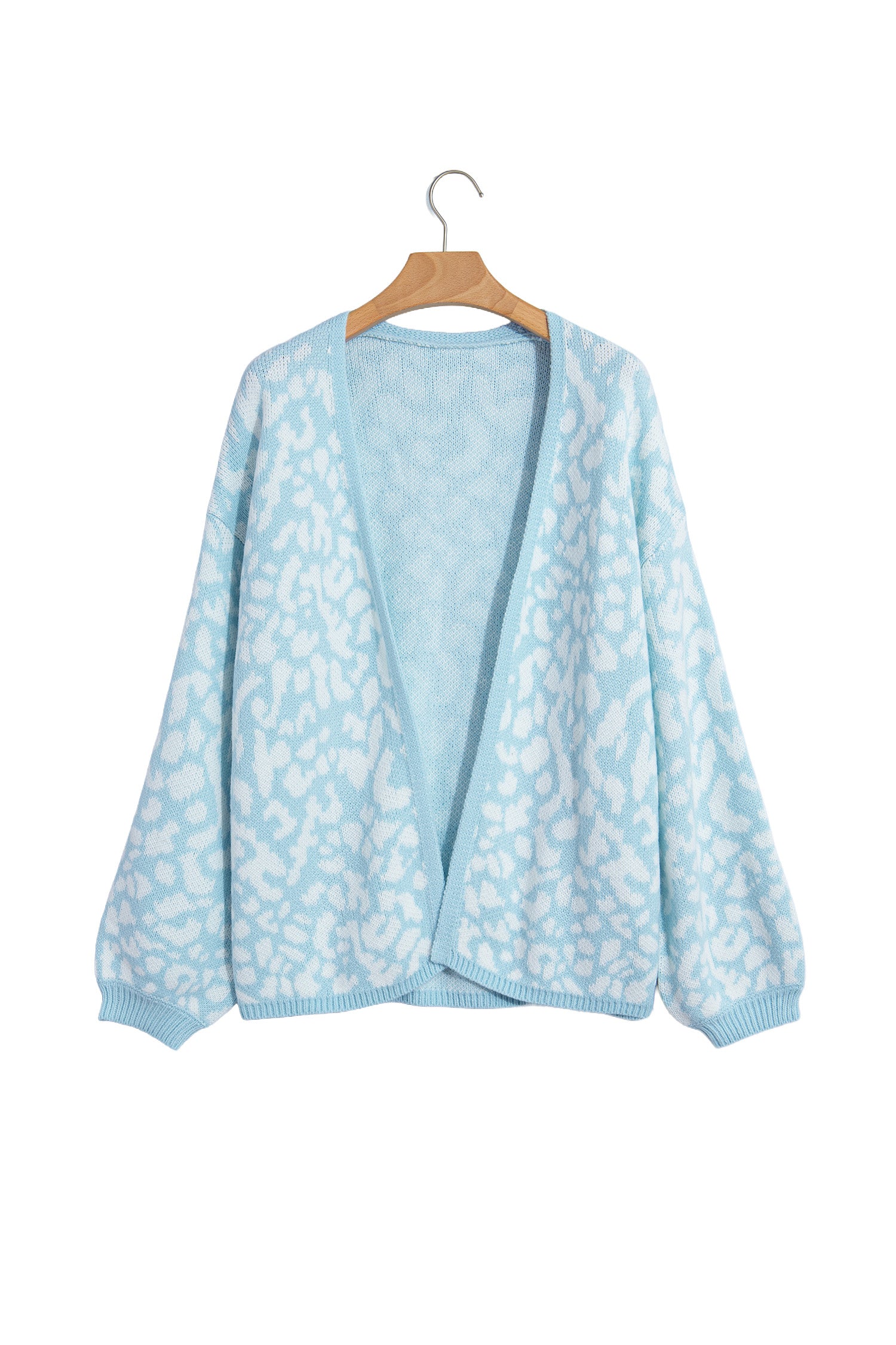 Light Blue Leopard Print V Neck Long Sleeve Loose Fit Knit Cardigan