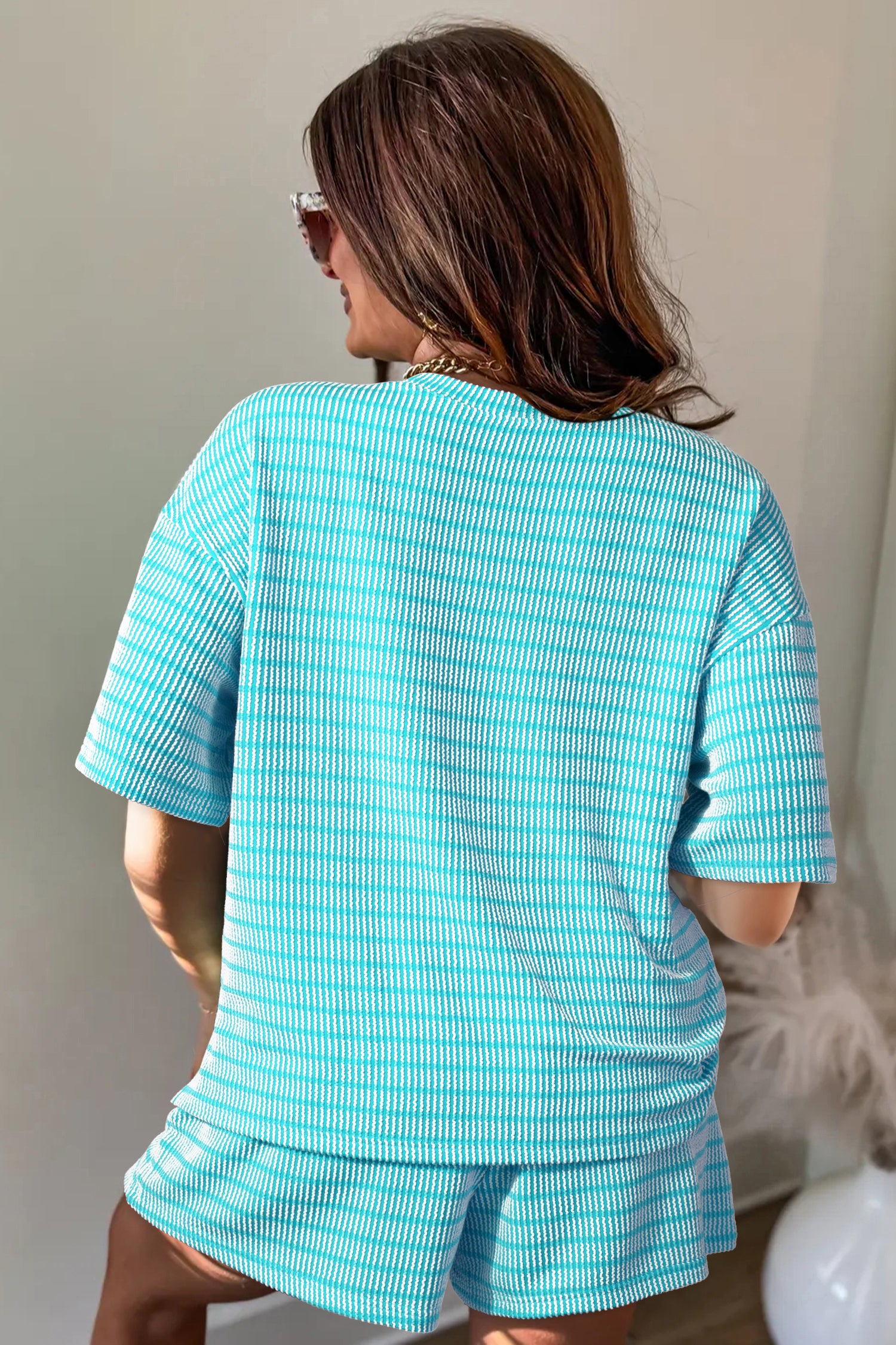 Khaki Stripe Raised Rib Loose Tee Drawstring Elastic Waist 2pcs Short Set