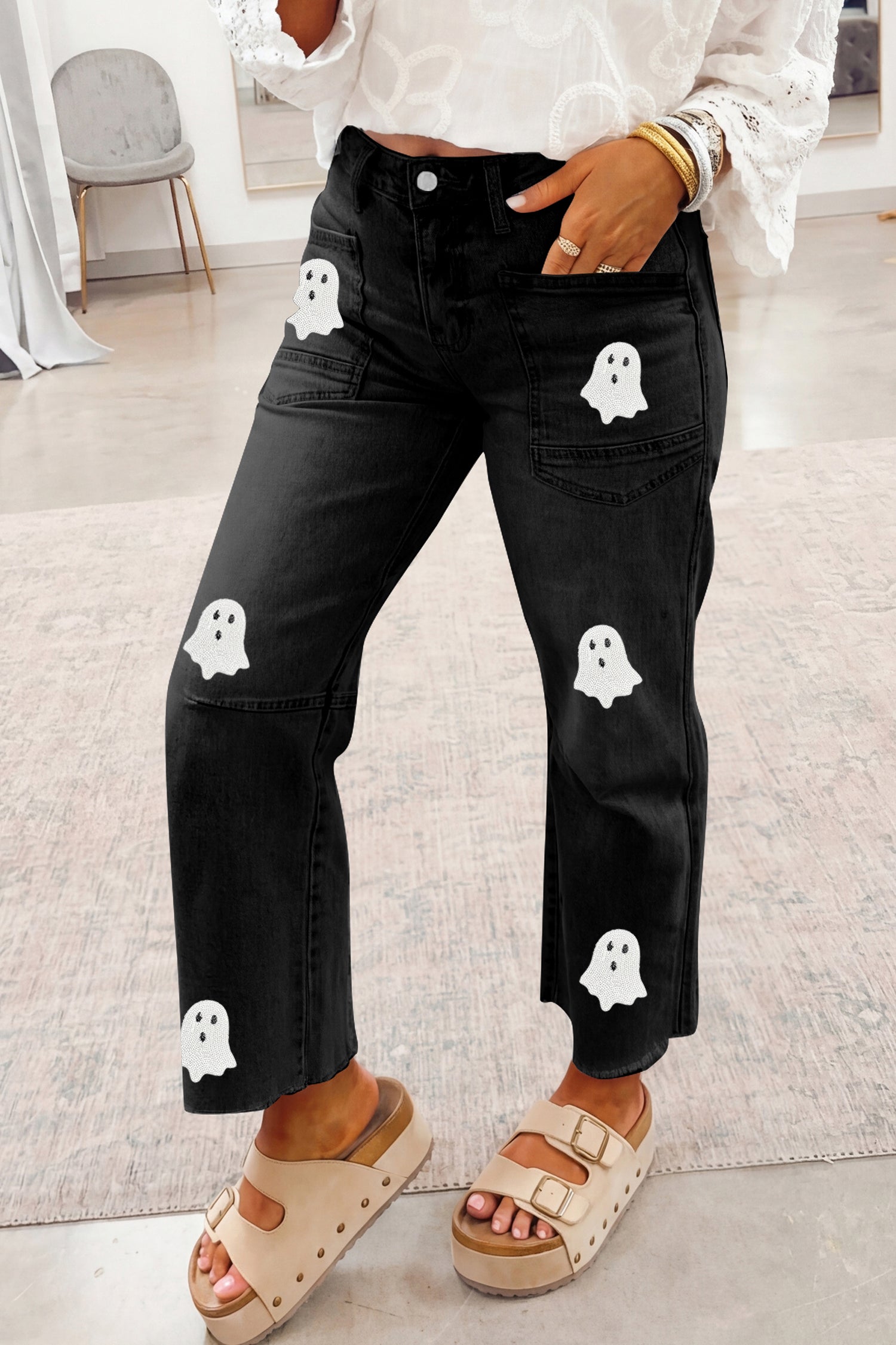 Black Sequin Ghost Patched Graphic Raw Hem Casual Jeans