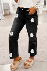 Black Sequin Ghost Patched Graphic Raw Hem Casual Jeans