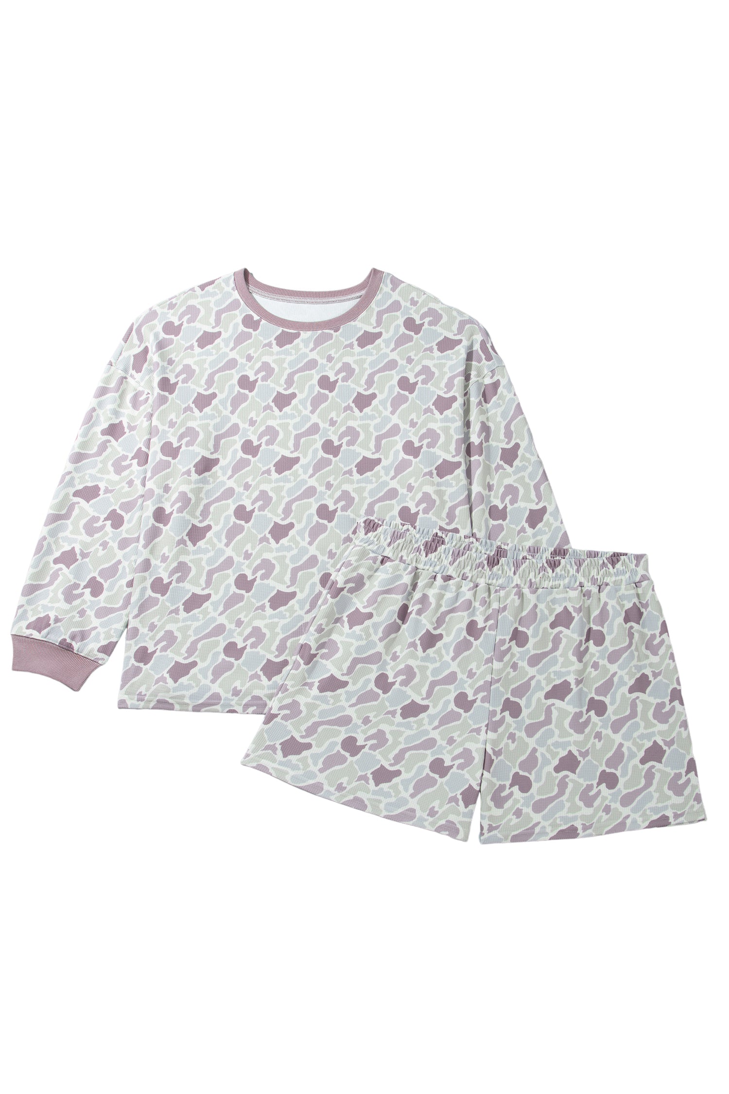 Green Camouflage Print Waffle Textured Pullover and Shorts Plus Size 2pcs Set