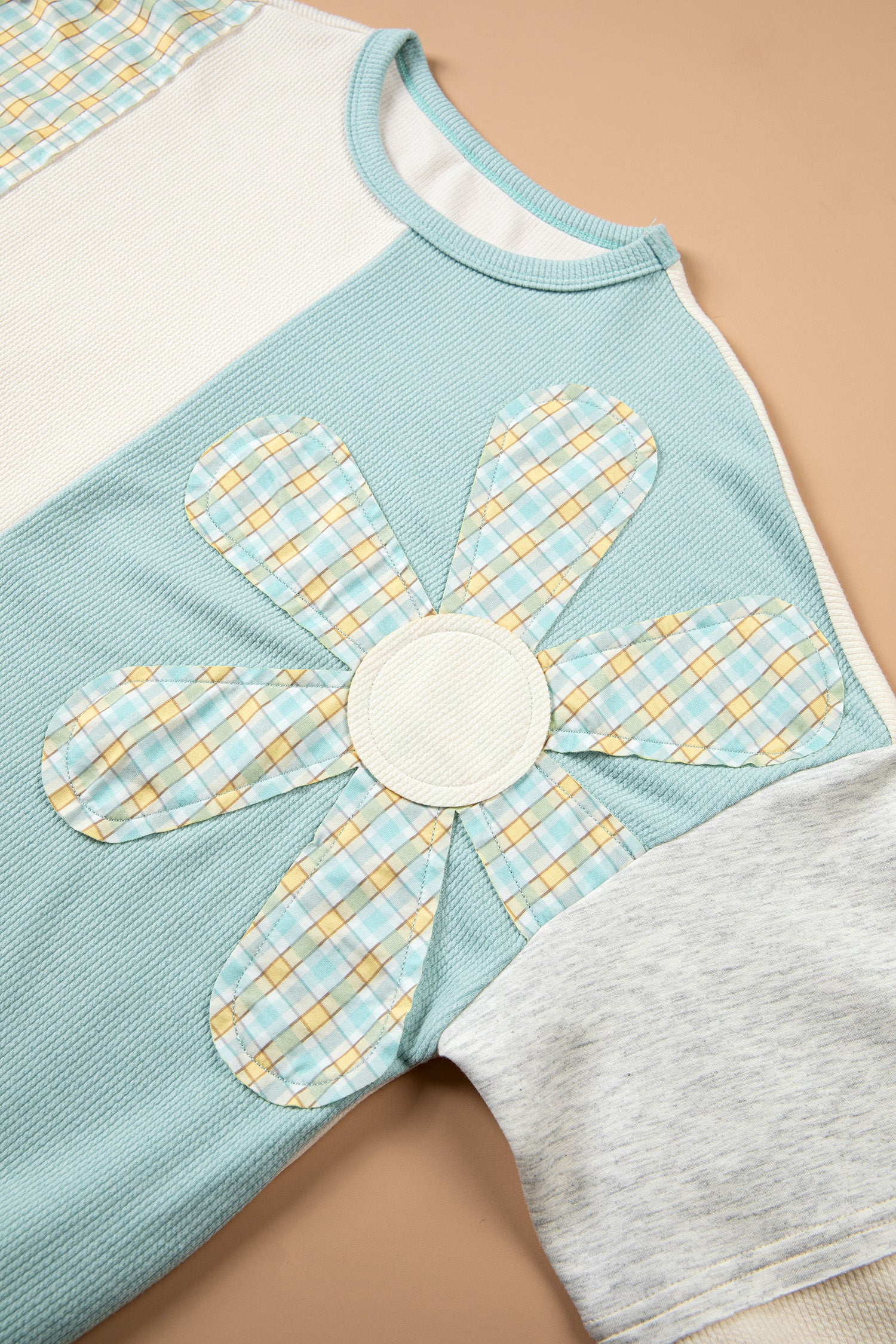 Light Blue Plaid Patchwork Round Neck Long Sleeve Top