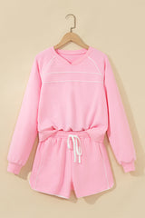 Pink Piping Trim Long Sporty Pullover Drawstring Elastic Waist Shorts Set