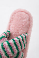 Pink Striped Cross Band Soft Plush Open Toe Slippers