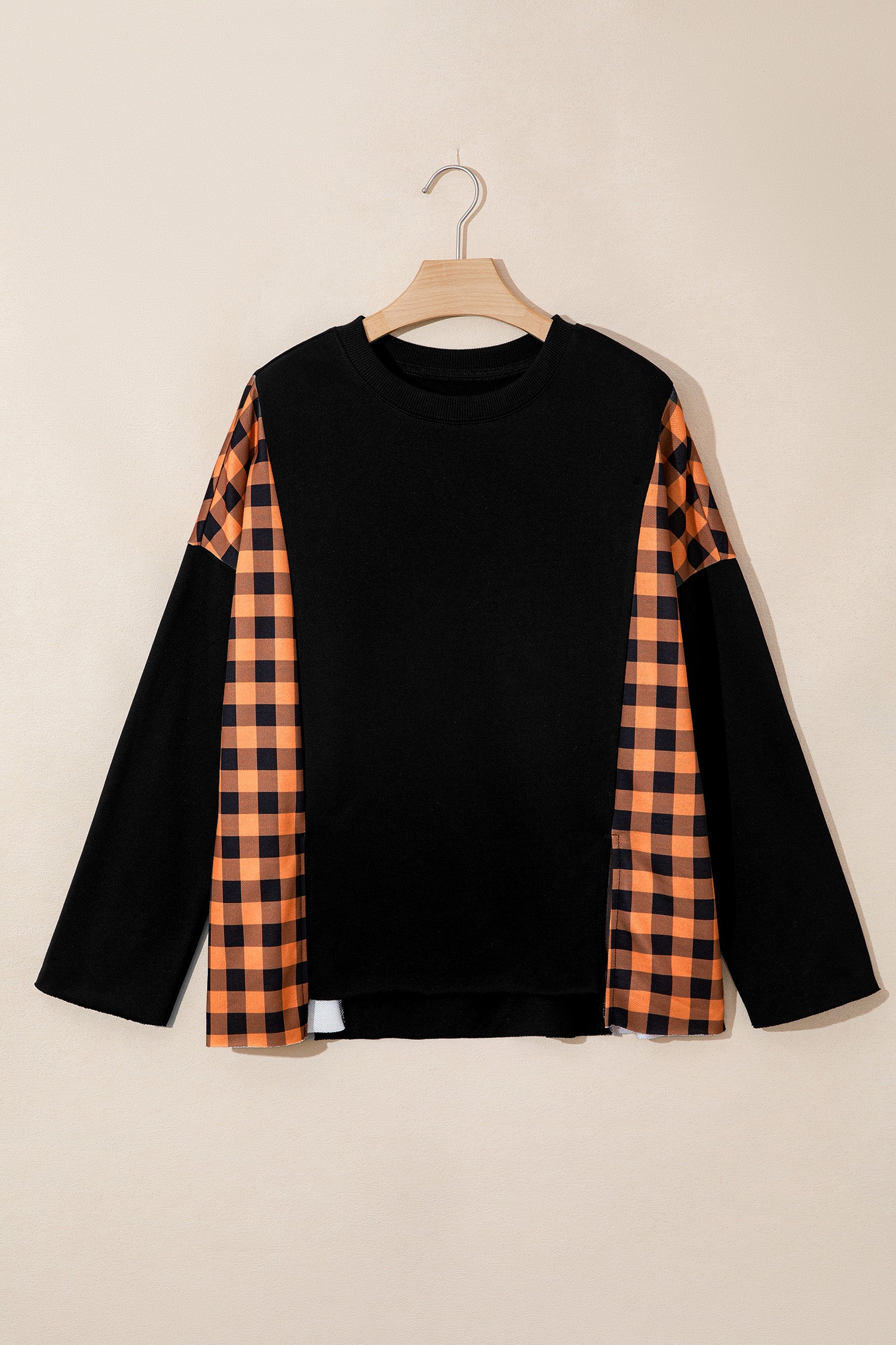 Black Patchwork Plaid Pumpkin Face Long Sleeve Top