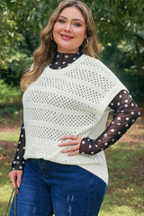 White Plus Size Eyelet Hollow Out Knit Ribbed Trim Short Sleeve Dolman Sweater