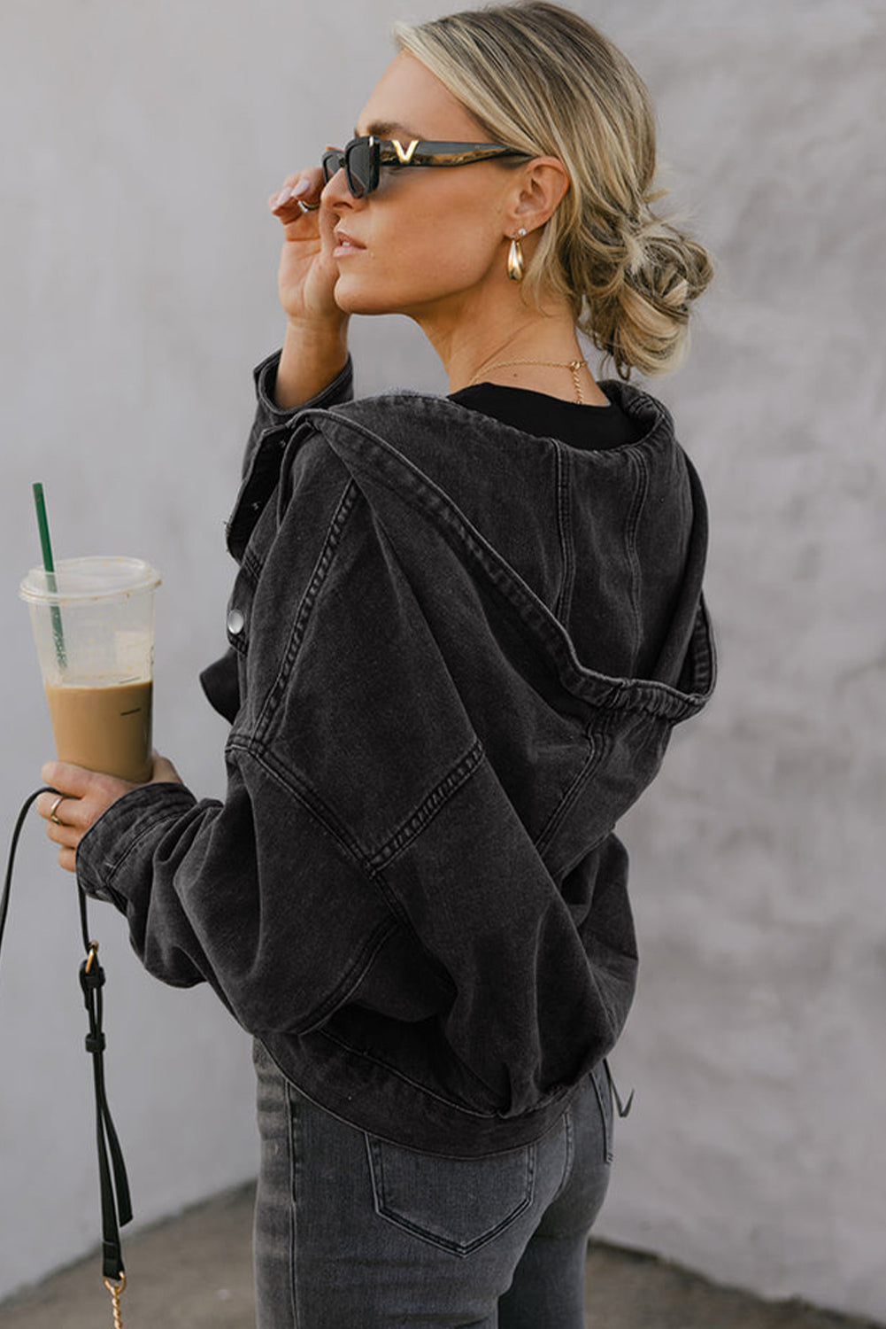 Black Chest Pocket Drop Shoulder Hooded Denim Jacket