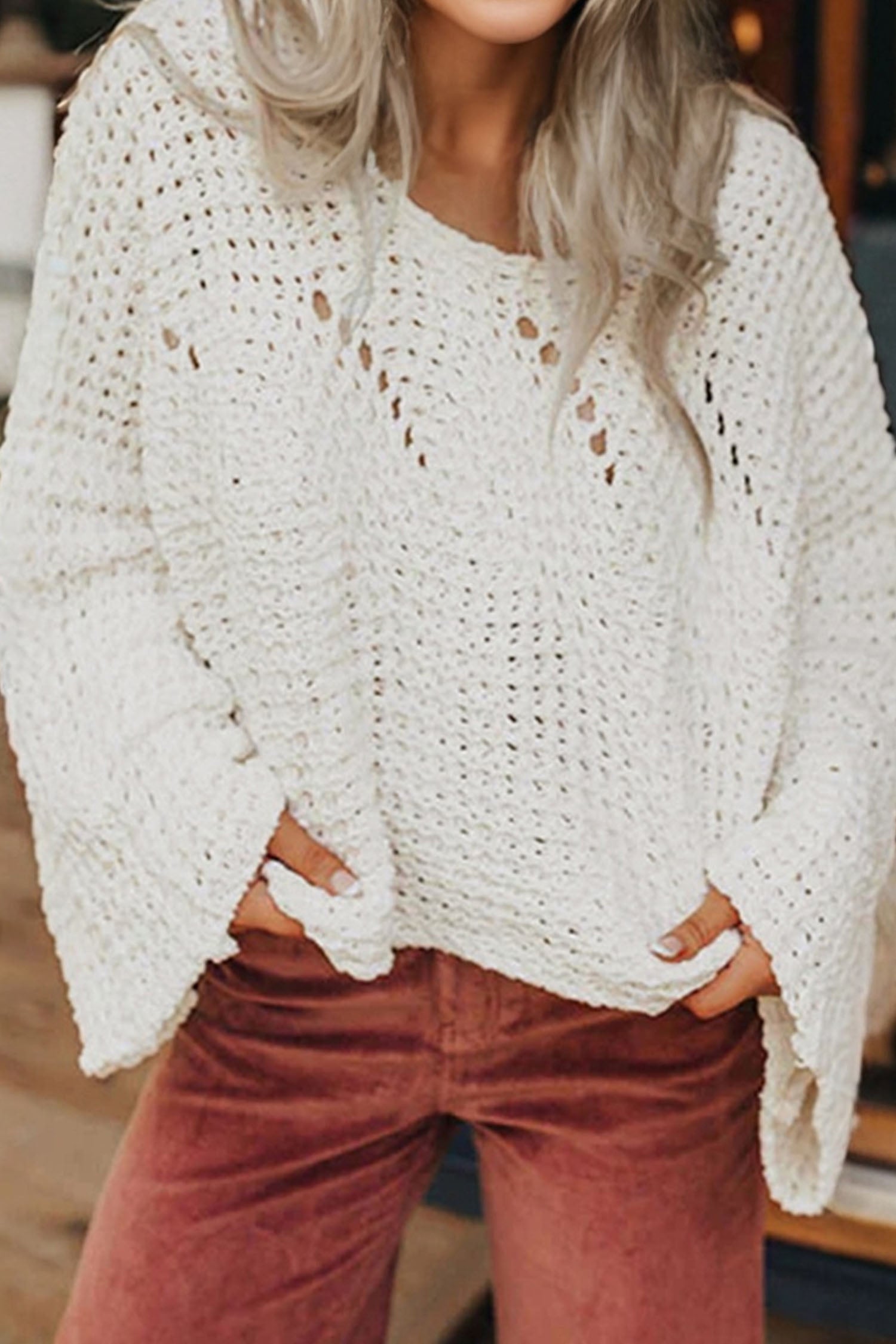 Camel Hollowed Detail Wide Sleeve Loose Pullover Sweater