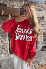 Fiery Red Jesus Saves Slogan Print Stand Neck Baggy Sweatshirt