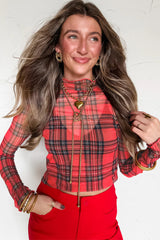 Red Plaid Round Neck Long Sleeve Pullover Top