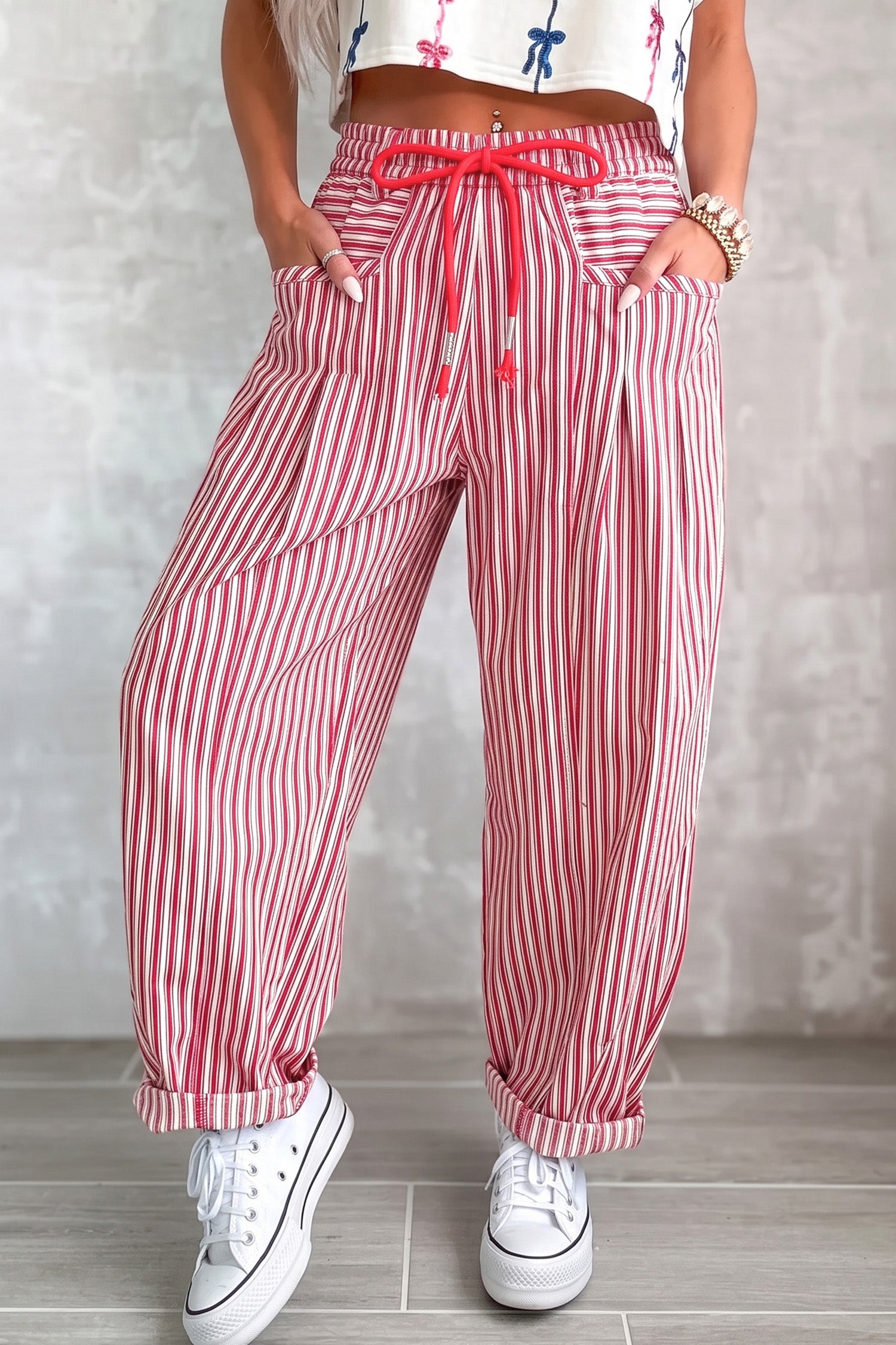 Red Stripe Drawstring Casual Loose Pants