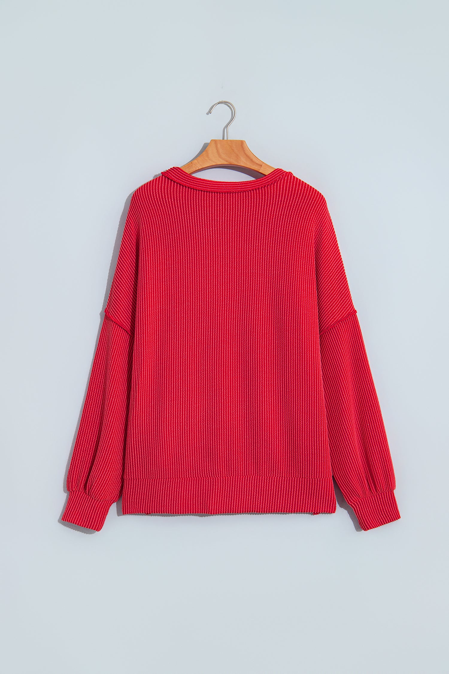 Fiery Red Patchwork Plaid Colorblock Twist Rib Round Neck Long Sleeve Top