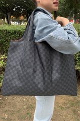 Black Trendy Checkered Pattern Large Portable Tote Bag