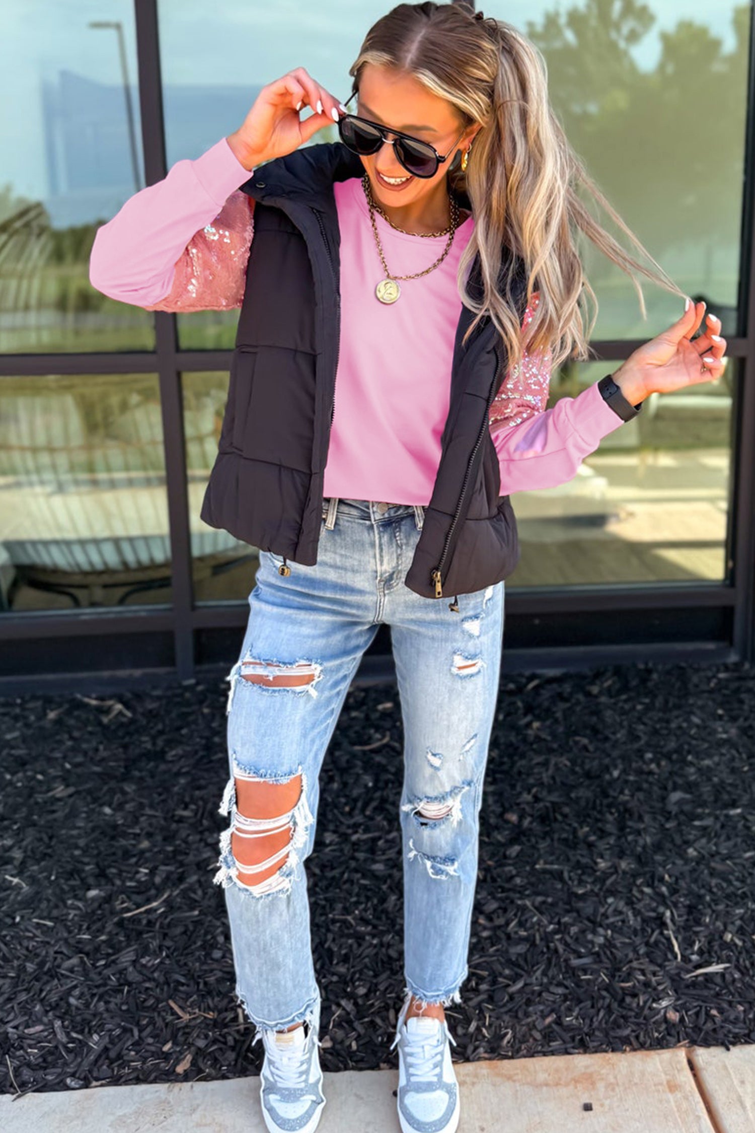 Pink Long Sleeve Sequin Round Neck Pullover Top