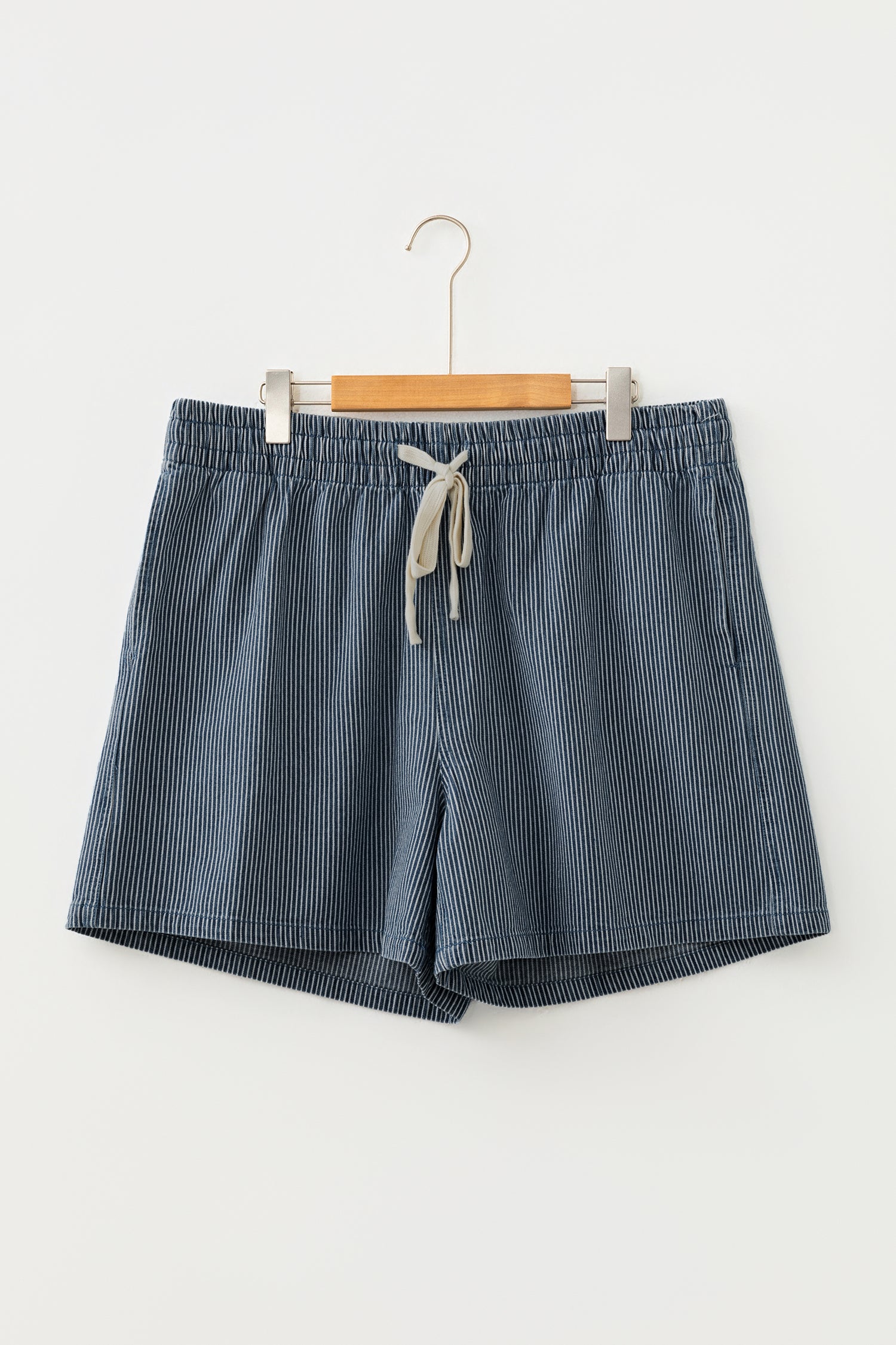 Sky Blue Stripe Plus Size Contrast Drawstring Elastic Waist Denim Shorts