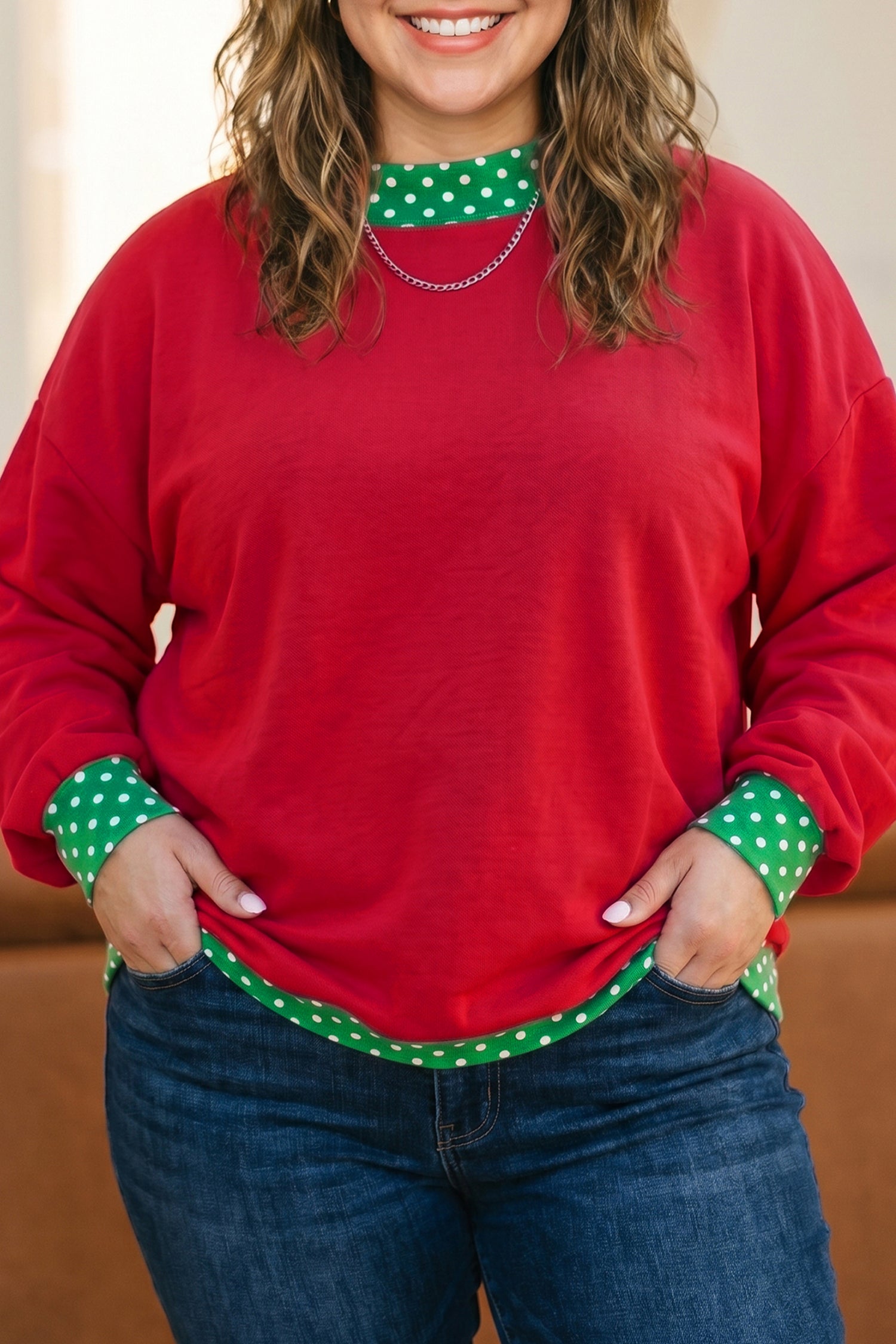 Dark Green Polka Dot Patchwork Round Neck Plus Size Sweatshirt