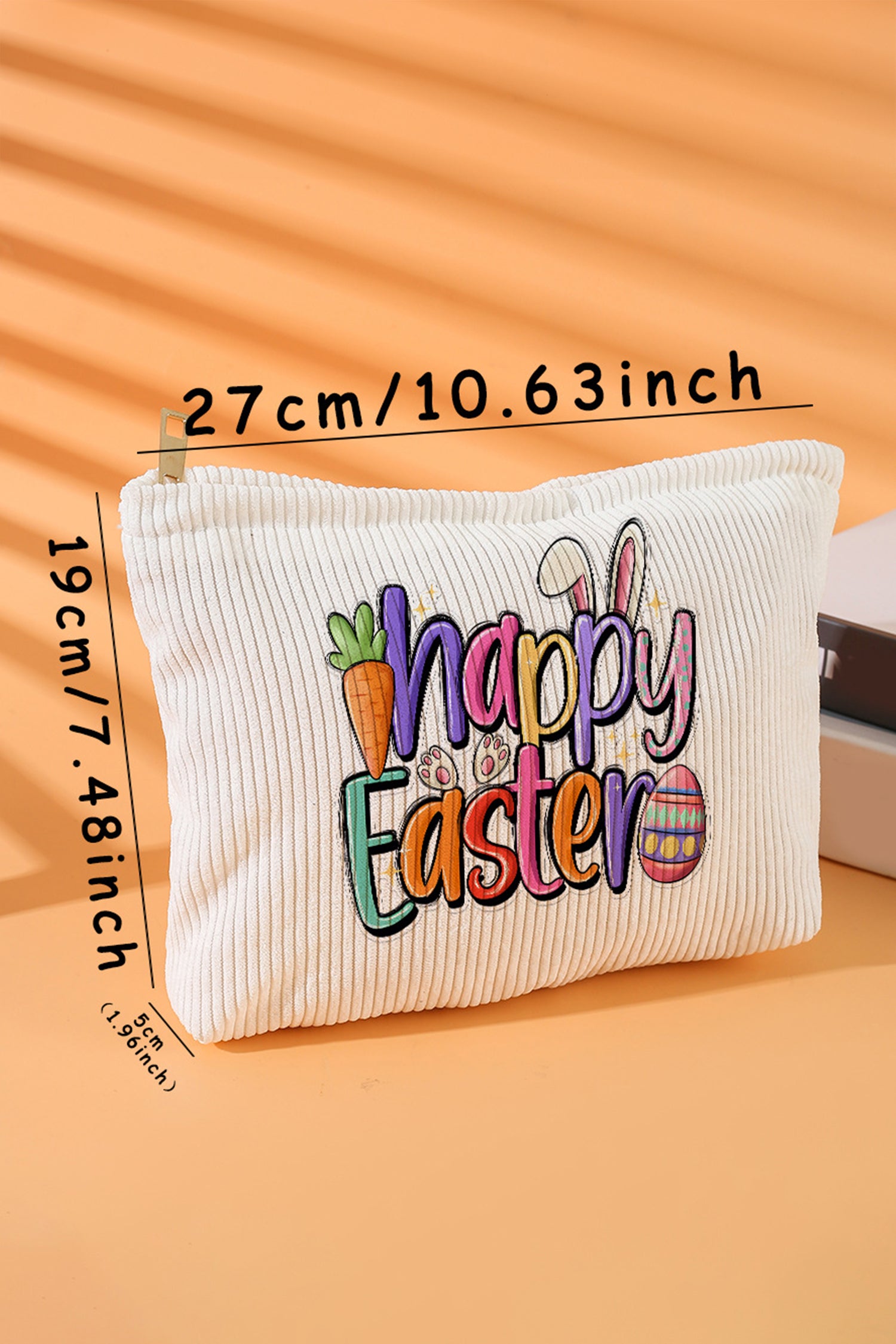 White Happy Easter Playful Printed Corduroy Makeup Bag