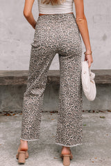Brown Leopard Frayed Edge Wide Leg High Waist Jeans