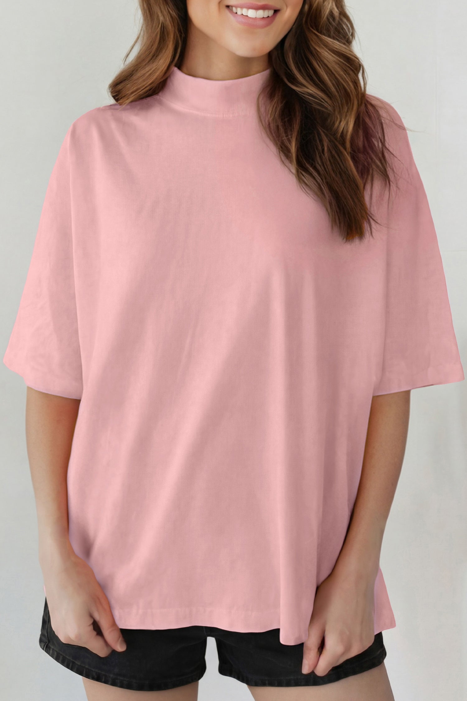 Dark Blue Solid Color High Neck Oversize Tee
