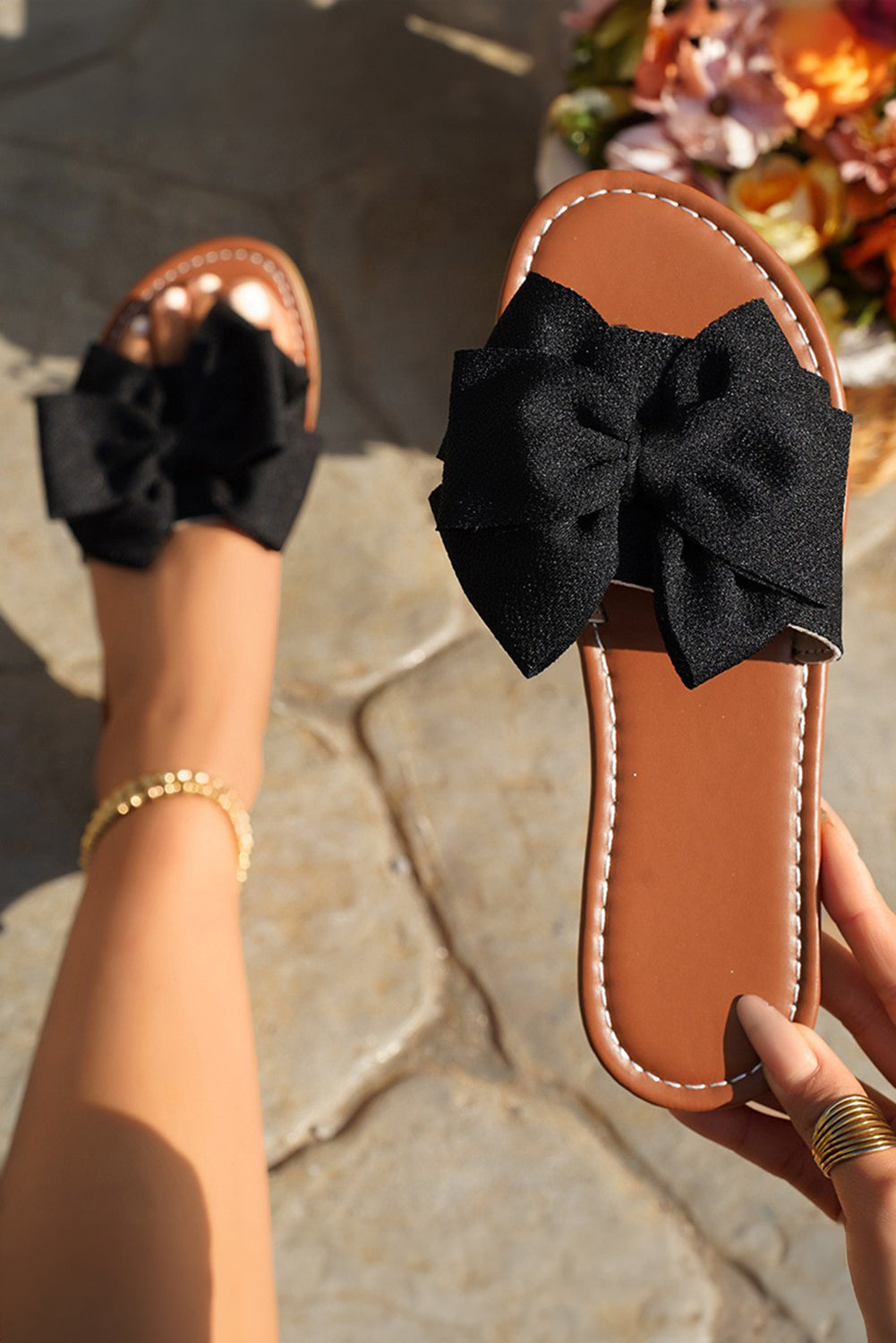 Black Bow Decor Summer Flat Slippers