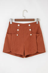 Clay Button Decor Scalloped Edge High Waist Corduroy Shorts