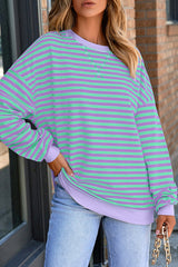 Blue Striped Contrast Trim Drop Shoulder Sweatshirt