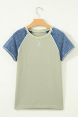 Laurel Green Waffle Knit Seam Detail Color Block Patchwork Short Sleeve Top