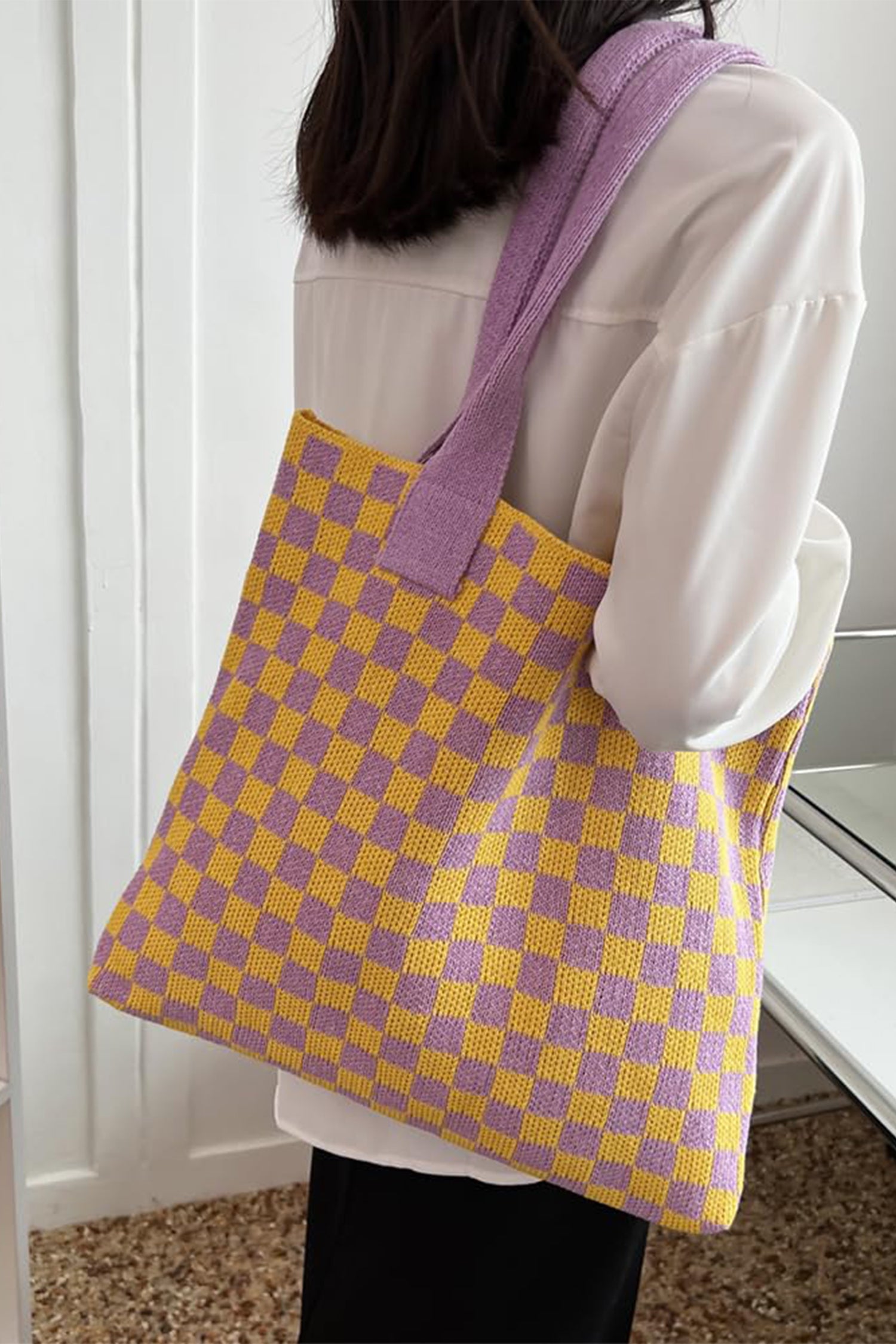 Color black Checkered Knit Eco-Friendly Tote Bag