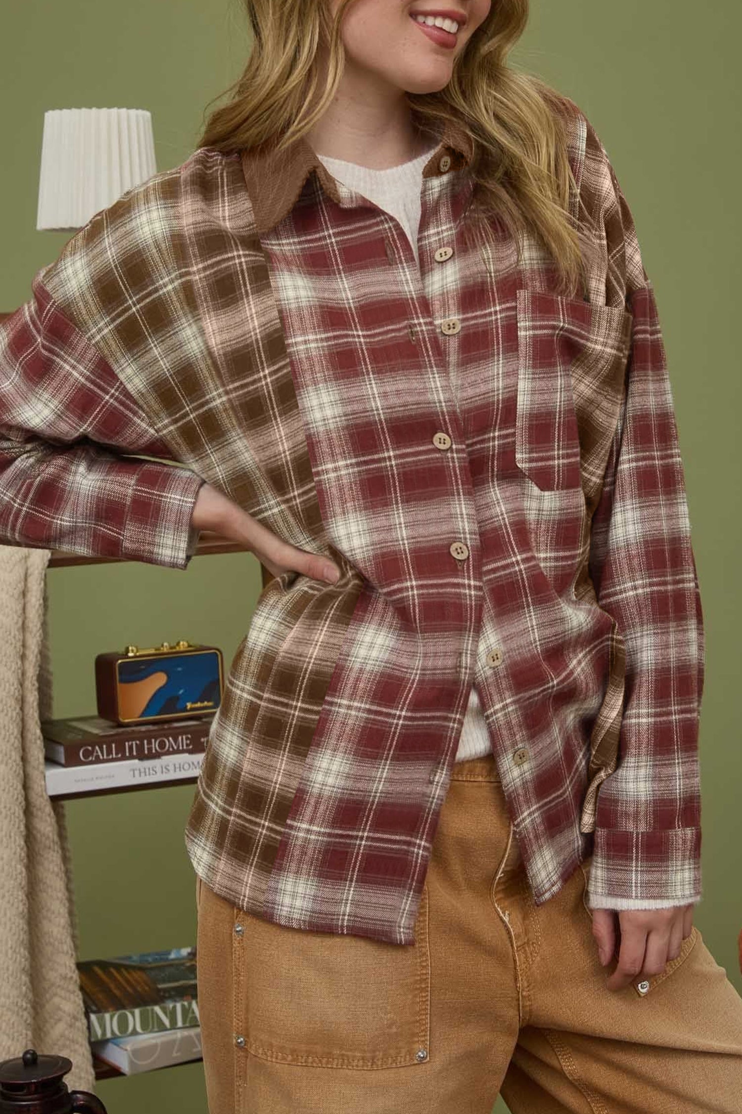 Red Contrast Plaid Long Sleeve Button Down Shacket