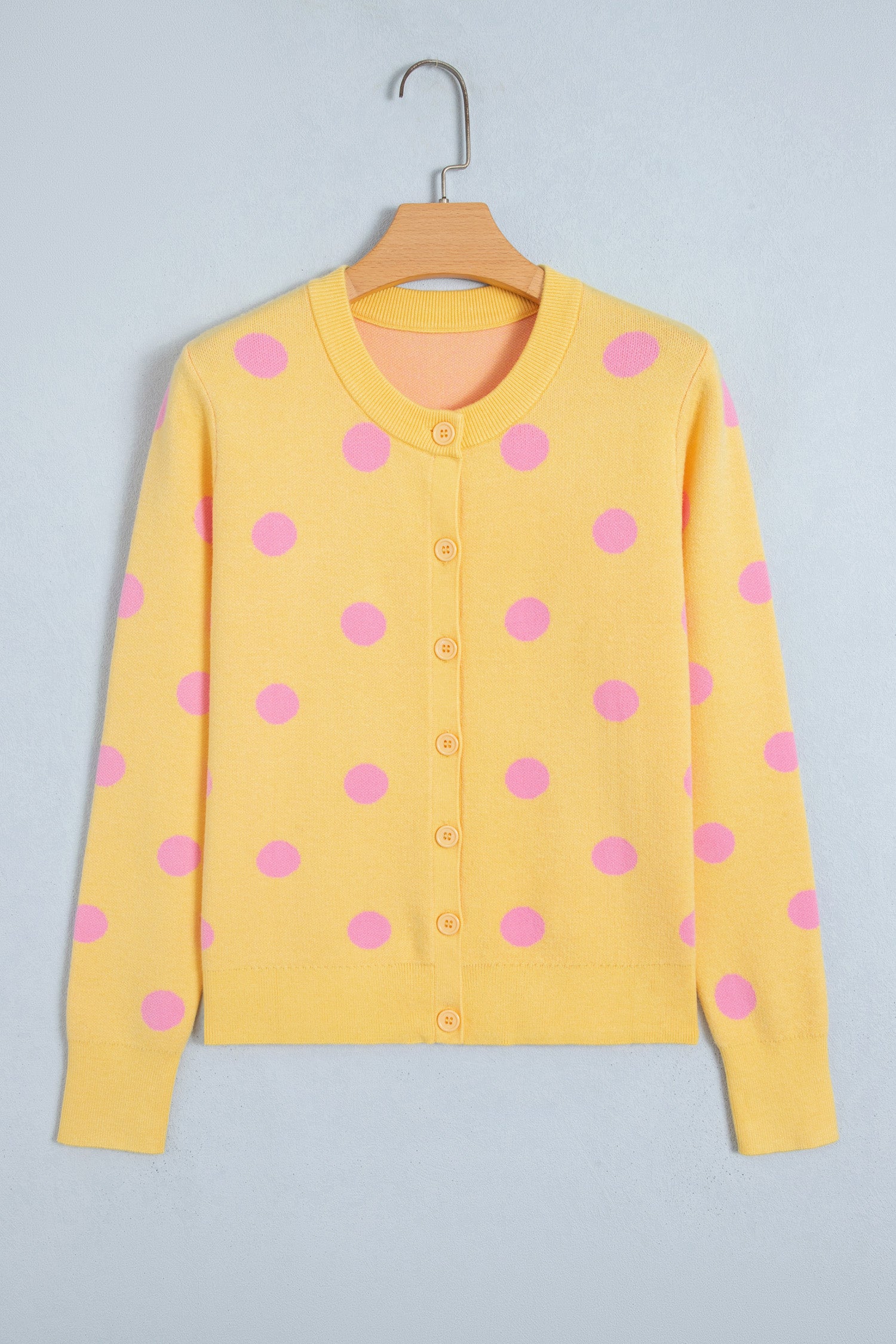 Yellow Cream Casual Polka Dot Button Front Long Sleeve Sweater Cardigan