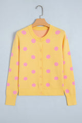 Yellow Cream Casual Polka Dot Button Front Long Sleeve Sweater Cardigan