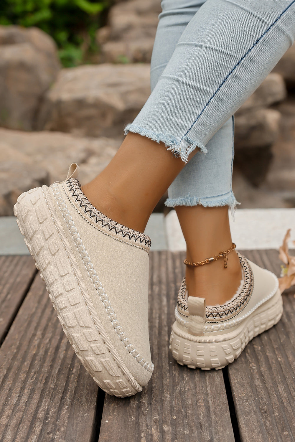 Coffee Faux Suede Woven Trim Plush Lining Platform Slippers