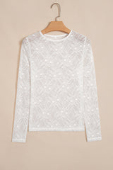 Beige Long Sleeve Sheer Mesh Lace Top