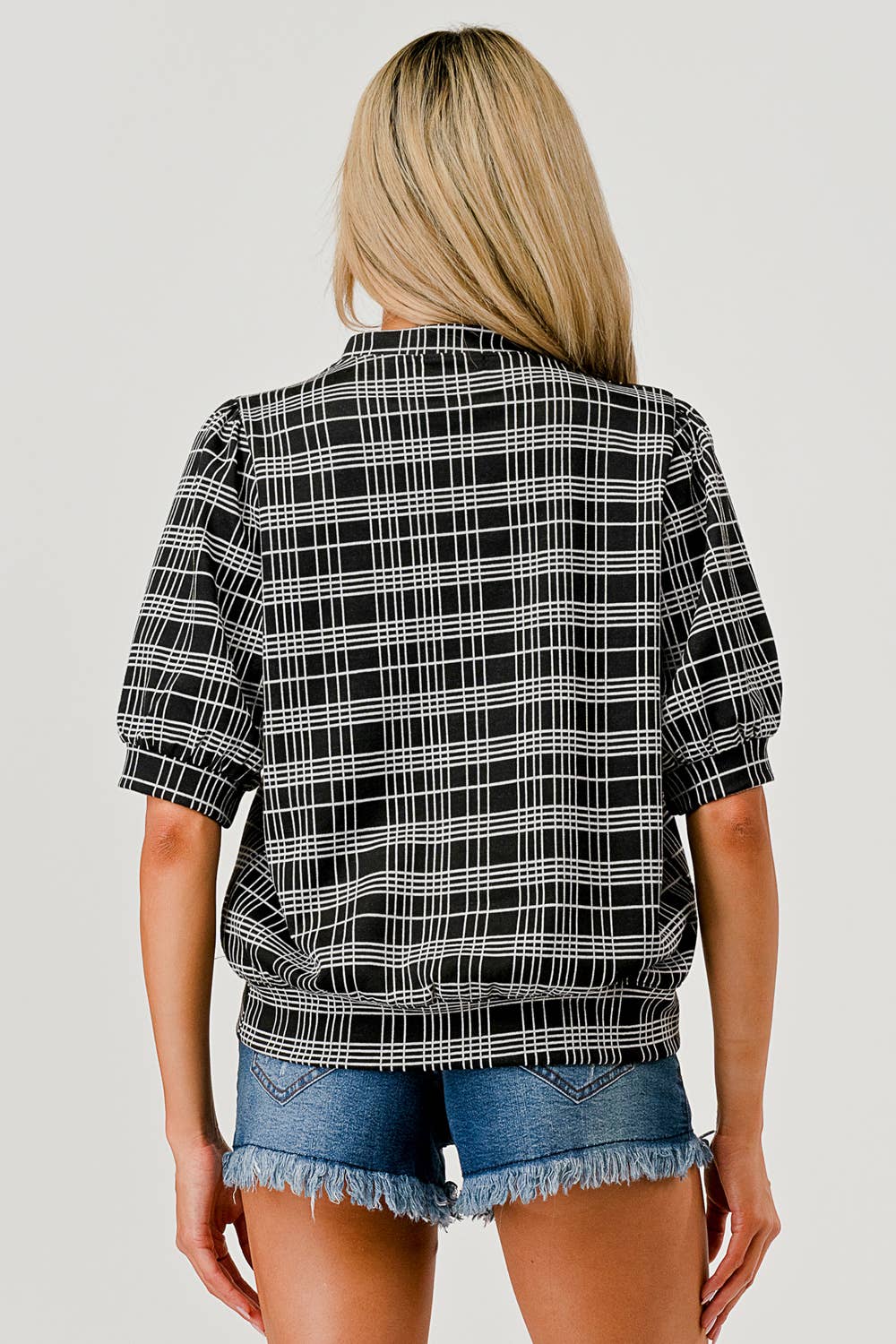 ROUND NECK 1/2 SLEEVE PLAID PUFFY SLEEVE TOP