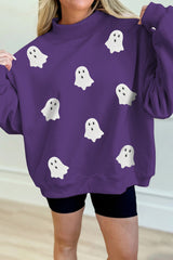 Tillandsia Purple Halloween Sequined Ghost Print Mock Neck Graphic Sweatshirt