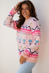 Multicolour Ethnic Christmas Pattern Knit Feather Cuffed Sweater