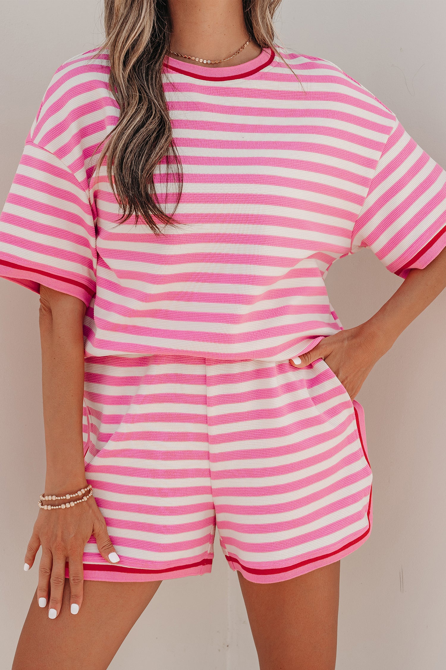 Pink Stripe Contrast Trim Short Sleeve Top Loose Shorts 2pcs Casual Outfit