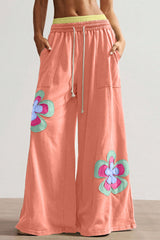 Grapefruit Orange Color Block Flower Patchwork Drawstring Contrasted Elastic Waist Wide Leg Pants
