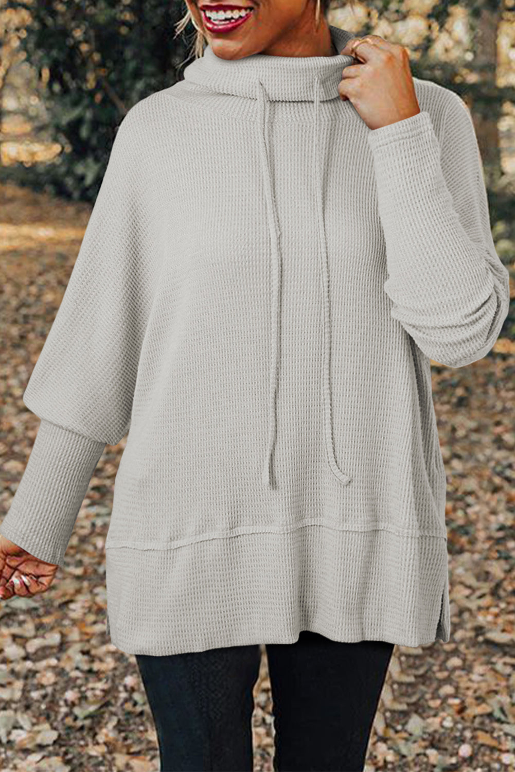 Light Grey Textured Knit Drawstring Cowl Neck Oversized Top